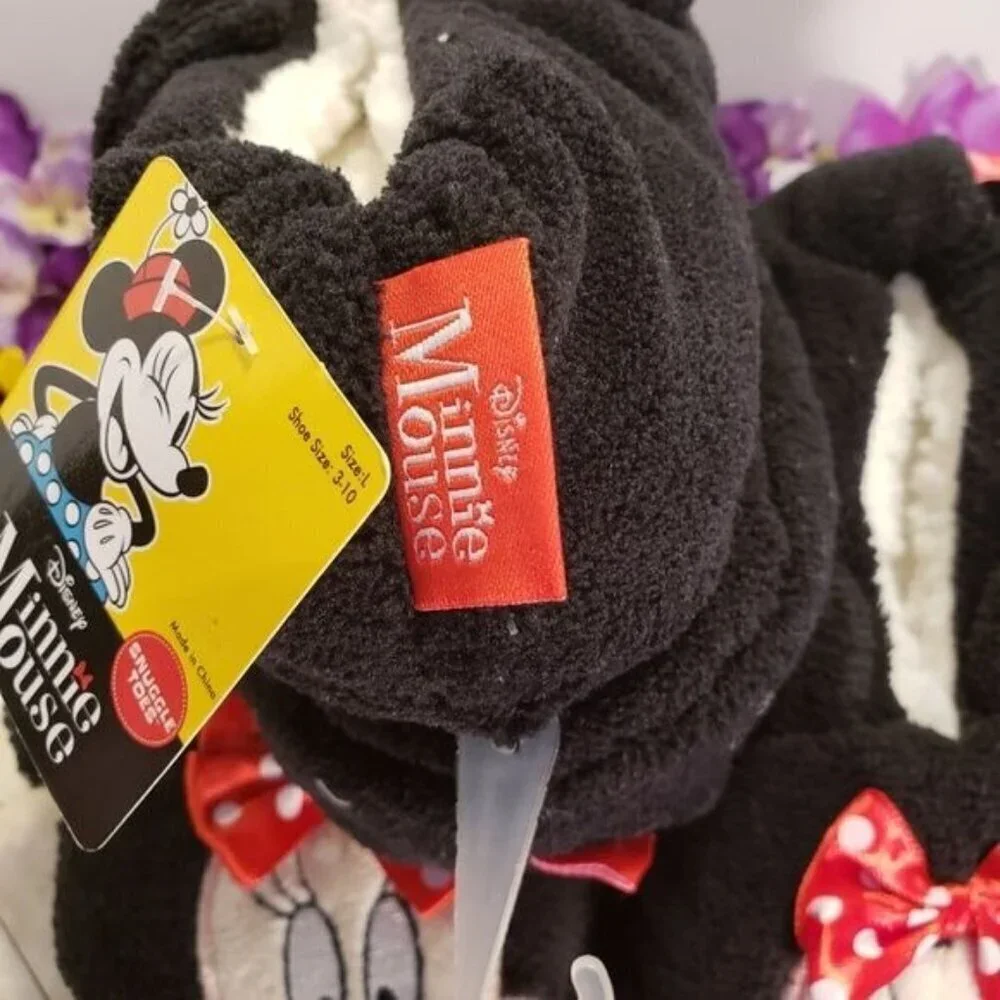Disney Minnie Mouse Fuzzy Slippers Fleece Babba Red Bow Girl Shoe Rubber Sole